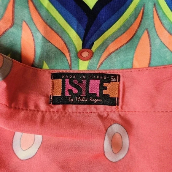 Isle by Melis Kozan Boho Abstract Caftan Dress L Coral Tropical Resort Tunic - Picture 6 of 10